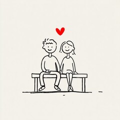 Cute and simple line art of a man and woman sitting together on a bench beneath a small red heart. Minimalist vector style, clean and bold shapes, t-shirt graphic. Romantic image.