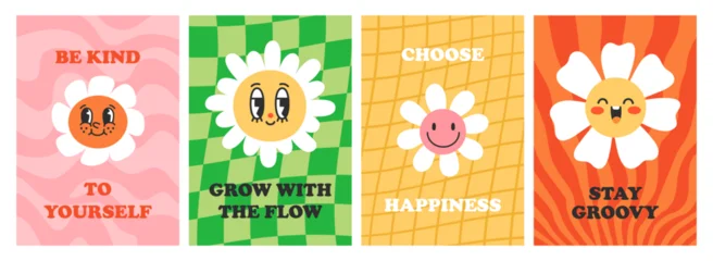 Fototapete Positive Typografie Groovy happy flower faces, posters set. Smiling daisies, trippie hippie patterns in retro style. Funky positive card designs, typography, optimistic slogans, quotes. Flat vector illustration  © Good Studio