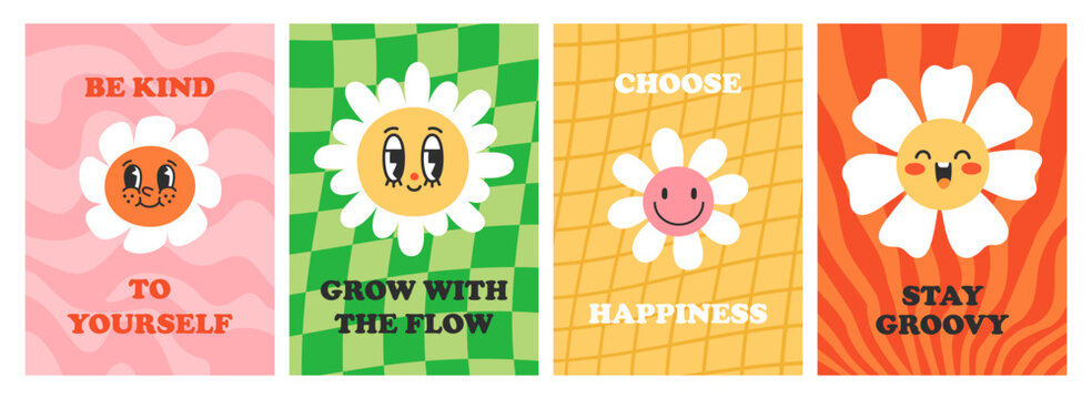 Groovy happy flower faces, posters set. Smiling daisies, trippie hippie patterns in retro style. Funky positive card designs, typography, optimistic slogans, quotes. Flat vector illustration