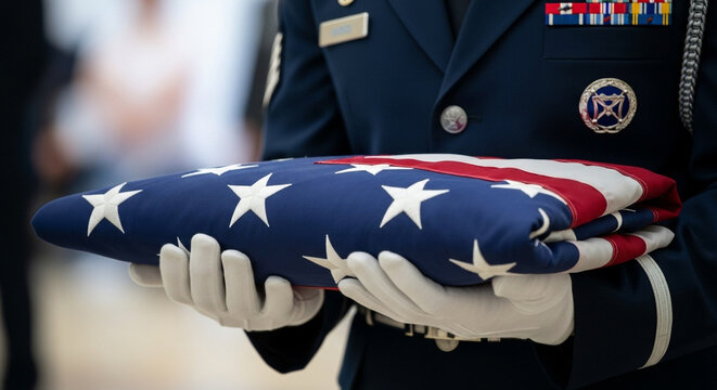 An Air Force service member in white gloves respectfully holds a perfectly folded American flag during a solemn ceremony a tribute to honor duty and tradition