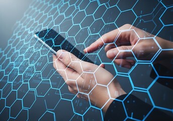 Hand using smartphone with digital network overlay