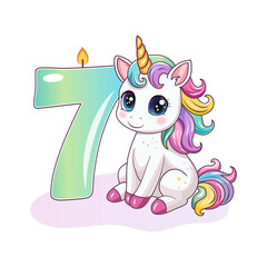 An invitation to a birthday party. Cute unicorn with the number 7. Vector illustration.