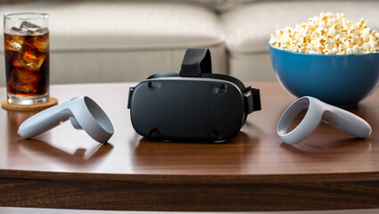 VR Headset with Popcorn and Drink Immersive Home Entertainment and Movie Night Setup