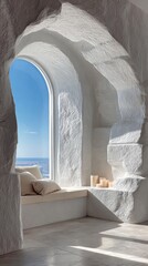 Sunlit alcove with arched window overlooking sea