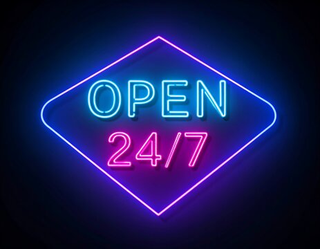 Glowing neon sign in a diamond shape, displaying "OPEN 24/7