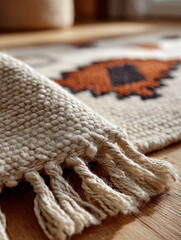 Close-up of a woven rug with geometric pattern.