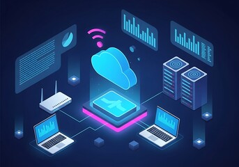 Cloud computing technology with servers and laptops illustration
