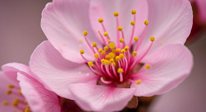 Close-up of a delicate pink blossom with prominent yellow stamens, showcasing the flower's intricate details and soft colors.