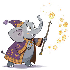 Obraz premium Magical Elephant Sorcerer: An enchanting cartoon depiction of an elephant, dressed as a sorcerer, conjuring whimsical spells with a magical wand amidst a display of sparkling gemstones.