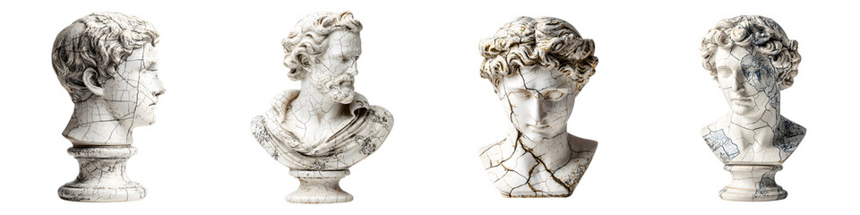Obraz premium Ancient Busts Set: Cracked Marble Sculptures on White Background