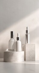 Elegant skincare bottles on marble