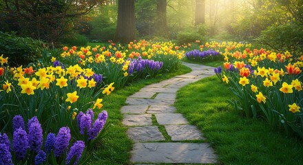 A picturesque stone path winding through a vibrant spring garden, adorned with a colorful array of blooming daffodils and hyacinths, bathed in the soft glow of golden sunlight.