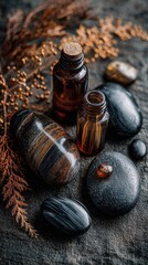 Dark stones, amber, and essential oil bottles arranged on a rustic surface