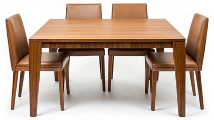 Modern Walnut Dining Table with Four Brown Leather Chairs isolated on White Background