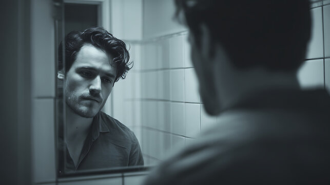 Introspective man looking at his somber reflection in a bathroom mirror