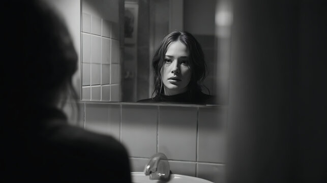 Reflections Woman Contemplates in Monochrome Mirror Portrait
