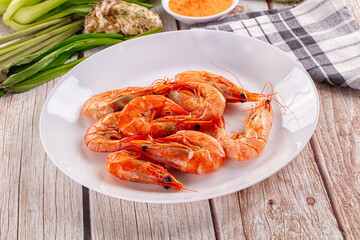 Delicous boiled tiger prawn with sauce