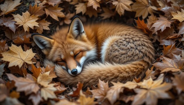 Adorable red fox peacefully sleeping curled up amidst a carpet of vibrant autumn fallen leaves, creating a serene and cozy wildlife scene