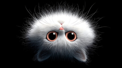 Fototapeta premium Adorable upside-down fluffy white kitten with big eyes on a black background