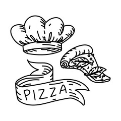 set of items related to pizza. A chef's hat, a slice of pizza, and a ribbon with the word PIZZA written on it. A grunge print, monochrome, black outline doodle on white. For marketing in a pizzeria