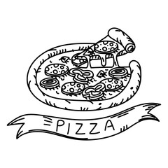 round pizza with triangular slice cut out, cheese stretching, inscription on the ribbon PIZZA. Sausage, onions, cheese. Grunge, engraving, monochrome, doodle outline on white. marketing in pizzeria