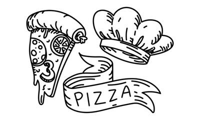 Chef's hat, triangular piece of vertical pizza, ribbon with word PIZZA written on it. Stretchy cheese, sausage, tomato. Grunge, engraving, monochrome, black doodle outline. For marketing in pizzeria