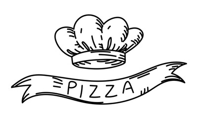 Italian chef's hat, ribbon with the word PIZZA written on it. Pizza master. Grunge, engraving, monochrome, black doodle outline on white. Pizza restaurant symbol. For marketing in a pizza restaurant