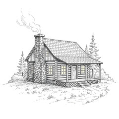 Ai generated image of charming log cabin sketch with stone chimney and smoke rising from the roof