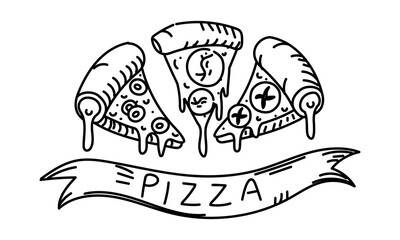 Triangular slices of different pizzas, tape with the word PIZZA written on it. Stretchy cheese, tomato, olives. Grunge, engraving, monochrome, black doodle outline on white. For marketing in pizzeria