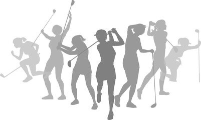 Silhouette golf player set. Active golfers golfing sports people healthy players fitness silhouettes concept.
