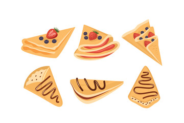 Crepes collection. Crunchy crepes. Cafe menu. Set of crepe with different toping. Chocolate crepe. Fruity crepes.