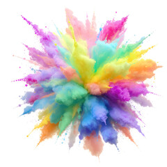 Rainbow dust powder explosion transparent PNG, isolated background. Dynamic blast eruption, vibrant colorful effect,celebration, festival, color run element