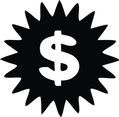 Bold black starburst emblem featuring a prominent white dollar sign symbolizing financial success and value