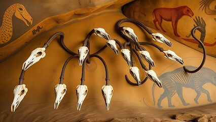 Evolutionary tree with twelve branches ending in anteater skulls against cave art.
