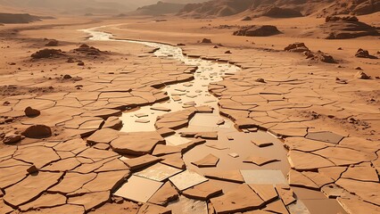 A dried Martian riverbed crafted from shattered mirrors reflecting the absence of water.