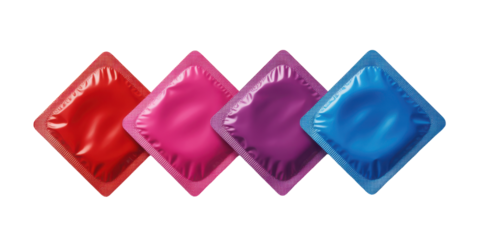 Four diamond shaped gel packs in red pink purple and blue isolated on transparent background