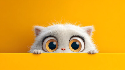 Cute cartoon kitten with big eyes hiding and peeking over a yellow background.