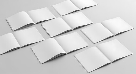 Multiple open blank books arranged in a pattern on a white background