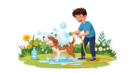 Fototapeta premium Young boy washing his pet dog with a garden hose in a backyard setting for pet care and childhood responsibility concepts