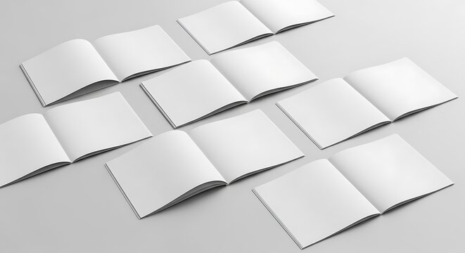 Multiple open blank books arranged in a pattern on a white background