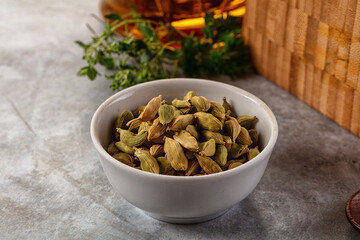 Green dry cardamom heap spices aroma