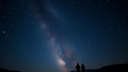 A dreamy night sky where constellations fade into sparkling meteor trails above silhouetted figures.