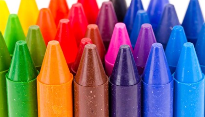 Close-up of numerous brightly colored crayons arranged in a semi-circle on a white background