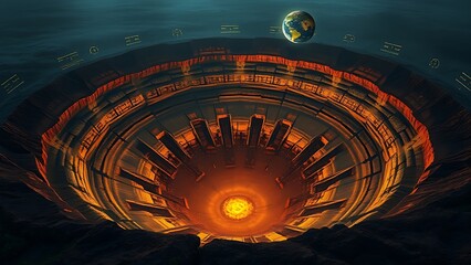 Ancient impact crater with mysterious geological formations glowing with preservation symbols in Ghana