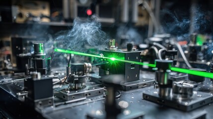 Obraz premium Laser Beam on Research Lab Table; Complex Equipment and Haze used in scientific experiments
