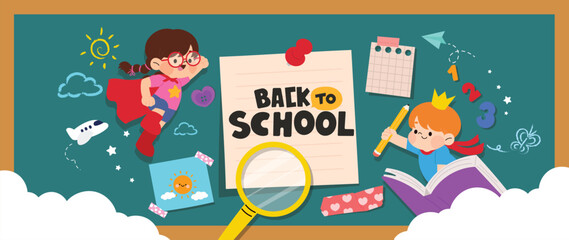 Hand drawn vector back to school background with cute girl and boy, school supplies and back to school text on green chalkboard. Kids hand drawn flat design for wallpaper, website and cover template.
