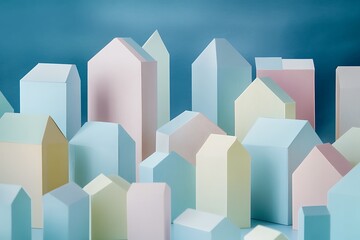 Harmonious arrangement of minimal buildings with clean edges in pastel blues 