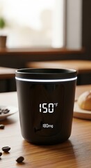 A black smart mug with temperature display on a wooden surface beside scattered coffee beans.