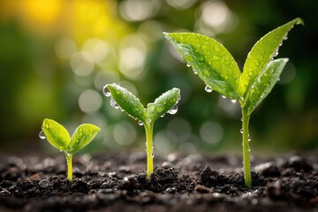 Three young plants sprout from dark soil, glistening with dew drops