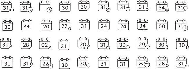 Collection of Minimalist Calendar Icons Representing Dates Schedules and Time Management for Business and Personal Use in Black and White Line Art Style